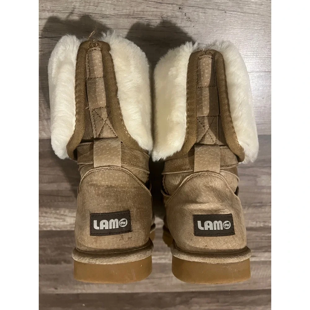 Lamo Women Tan Suede Faux Fur Fold Over Tall Winter Boots Strappy Chestnut